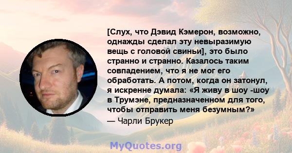 [Слух, что Дэвид Кэмерон, возможно, однажды сделал эту невыразимую вещь с головой свиньи], это было странно и странно. Казалось таким совпадением, что я не мог его обработать. А потом, когда он затонул, я искренне