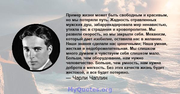 Пример жизни может быть свободным и красивым, но мы потеряли путь. Жадность отравленных мужских душ, забаррикадировала мир ненавистью, утихла нас в страдания и кровопролитие. Мы развили скорость, но мы закрыли себя.