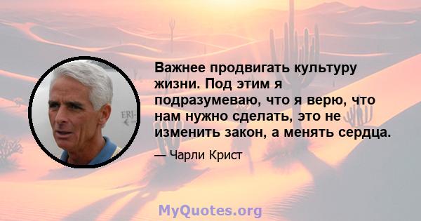 Важнее продвигать культуру жизни. Под этим я подразумеваю, что я верю, что нам нужно сделать, это не изменить закон, а менять сердца.