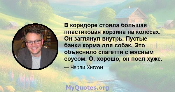 В коридоре стояла большая пластиковая корзина на колесах. Он заглянул внутрь. Пустые банки корма для собак. Это объяснило спагетти с мясным соусом. О, хорошо, он поел хуже.