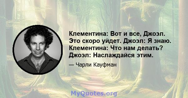 Клементина: Вот и все, Джоэл. Это скоро уйдет. Джоэл: Я знаю. Клементина: Что нам делать? Джоэл: Наслаждайся этим.