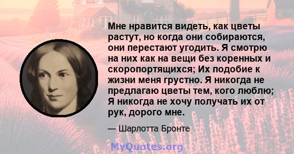 Мне нравится видеть, как цветы растут, но когда они собираются, они перестают угодить. Я смотрю на них как на вещи без коренных и скоропортящихся; Их подобие к жизни меня грустно. Я никогда не предлагаю цветы тем, кого