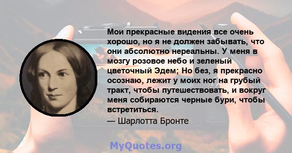 Мои прекрасные видения все очень хорошо, но я не должен забывать, что они абсолютно нереальны. У меня в мозгу розовое небо и зеленый цветочный Эдем; Но без, я прекрасно осознаю, лежит у моих ног на грубый тракт, чтобы