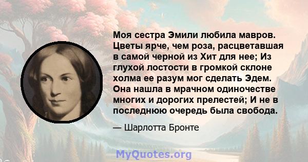 Моя сестра Эмили любила мавров. Цветы ярче, чем роза, расцветавшая в самой черной из Хит для нее; Из глухой лостости в громкой склоне холма ее разум мог сделать Эдем. Она нашла в мрачном одиночестве многих и дорогих