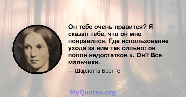 Он тебе очень нравится? Я сказал тебе, что он мне понравился. Где использование ухода за ним так сильно: он полон недостатков ». Он? Все мальчики.