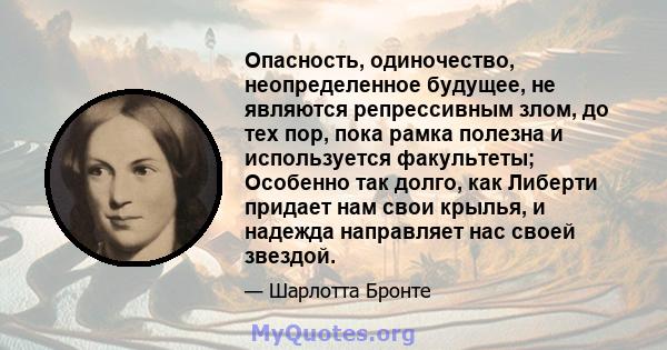 Опасность, одиночество, неопределенное будущее, не являются репрессивным злом, до тех пор, пока рамка полезна и используется факультеты; Особенно так долго, как Либерти придает нам свои крылья, и надежда направляет нас