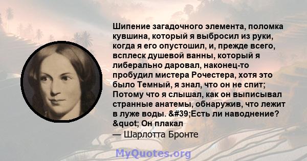 Шипение загадочного элемента, поломка кувшина, который я выбросил из руки, когда я его опустошил, и, прежде всего, всплеск душевой ванны, который я либерально даровал, наконец-то пробудил мистера Рочестера, хотя это