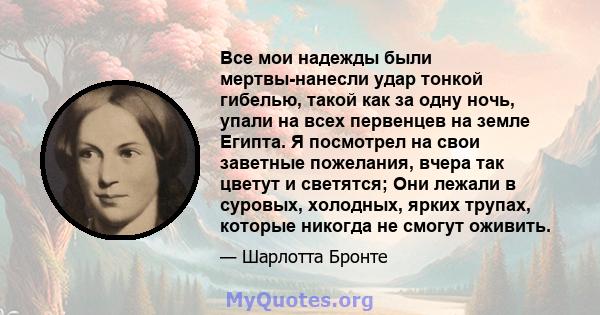 Все мои надежды были мертвы-нанесли удар тонкой гибелью, такой как за одну ночь, упали на всех первенцев на земле Египта. Я посмотрел на свои заветные пожелания, вчера так цветут и светятся; Они лежали в суровых,