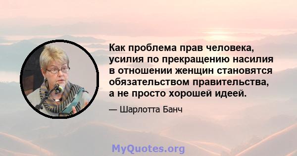 Как проблема прав человека, усилия по прекращению насилия в отношении женщин становятся обязательством правительства, а не просто хорошей идеей.