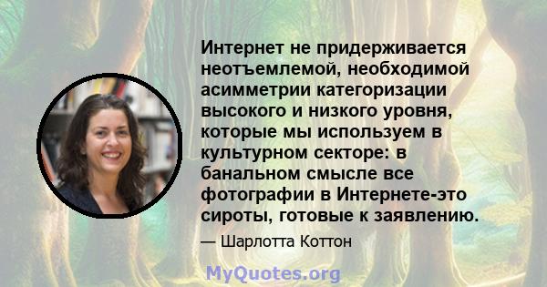 Интернет не придерживается неотъемлемой, необходимой асимметрии категоризации высокого и низкого уровня, которые мы используем в культурном секторе: в банальном смысле все фотографии в Интернете-это сироты, готовые к