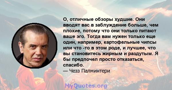 О, отличные обзоры худшие. Они вводят вас в заблуждение больше, чем плохие, потому что они только питают ваше эго. Тогда вам нужен только еще один, например, картофельные чипсы или что -то в этом роде, и лучшее, что вы