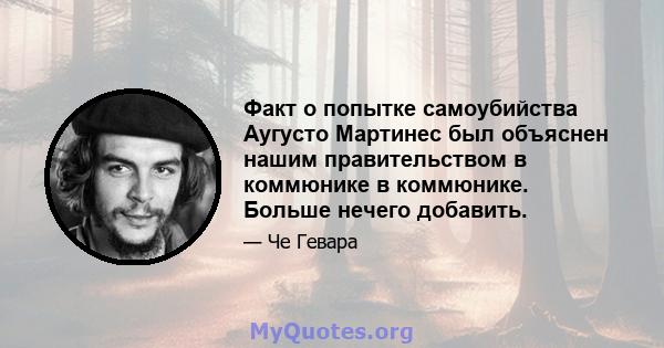 Факт о попытке самоубийства Аугусто Мартинес был объяснен нашим правительством в коммюнике в коммюнике. Больше нечего добавить.