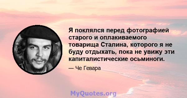 Я поклялся перед фотографией старого и оплакиваемого товарища Сталина, которого я не буду отдыхать, пока не увижу эти капиталистические осьминоги.