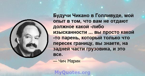 Будучи Чикано в Голливуде, мой опыт в том, что вам не отдают должное какой -либо изысканности ... вы просто какой -то парень, который только что пересек границу, вы знаете, на задней части грузовика, и это все.