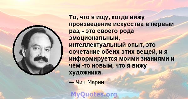 То, что я ищу, когда вижу произведение искусства в первый раз, - это своего рода эмоциональный, интеллектуальный опыт, это сочетание обеих этих вещей, и я информируется моими знаниями и чем -то новым, что я вижу