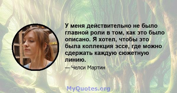 У меня действительно не было главной роли в том, как это было описано. Я хотел, чтобы это была коллекция эссе, где можно сдержать каждую сюжетную линию.