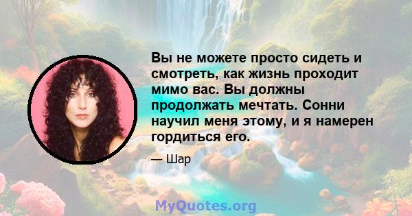 Вы не можете просто сидеть и смотреть, как жизнь проходит мимо вас. Вы должны продолжать мечтать. Сонни научил меня этому, и я намерен гордиться его.