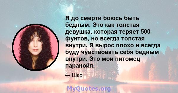 Я до смерти боюсь быть бедным. Это как толстая девушка, которая теряет 500 фунтов, но всегда толстая внутри. Я вырос плохо и всегда буду чувствовать себя бедным внутри. Это мой питомец паранойя.