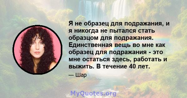 Я не образец для подражания, и я никогда не пытался стать образцом для подражания. Единственная вещь во мне как образец для подражания - это мне остаться здесь, работать и выжить. В течение 40 лет.