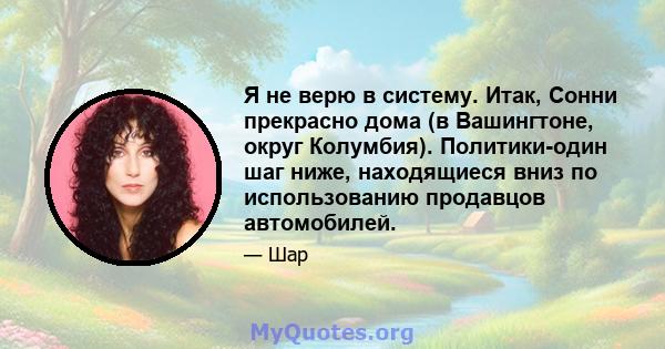 Я не верю в систему. Итак, Сонни прекрасно дома (в Вашингтоне, округ Колумбия). Политики-один шаг ниже, находящиеся вниз по использованию продавцов автомобилей.