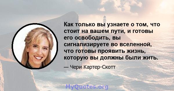 Как только вы узнаете о том, что стоит на вашем пути, и готовы его освободить, вы сигнализируете во вселенной, что готовы проявить жизнь, которую вы должны были жить.