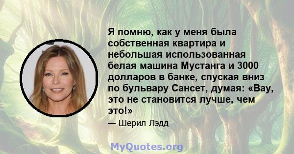 Я помню, как у меня была собственная квартира и небольшая использованная белая машина Мустанга и 3000 долларов в банке, спуская вниз по бульвару Сансет, думая: «Вау, это не становится лучше, чем это!»