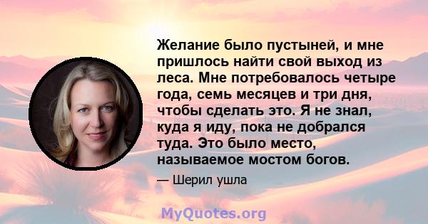 Желание было пустыней, и мне пришлось найти свой выход из леса. Мне потребовалось четыре года, семь месяцев и три дня, чтобы сделать это. Я не знал, куда я иду, пока не добрался туда. Это было место, называемое мостом