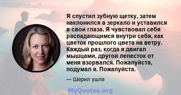 Я спустил зубную щетку, затем наклонился в зеркало и уставился в свои глаза. Я чувствовал себя распадающимся внутри себя, как цветок прошлого цвета на ветру. Каждый раз, когда я двигал мышцами, другой лепесток от меня