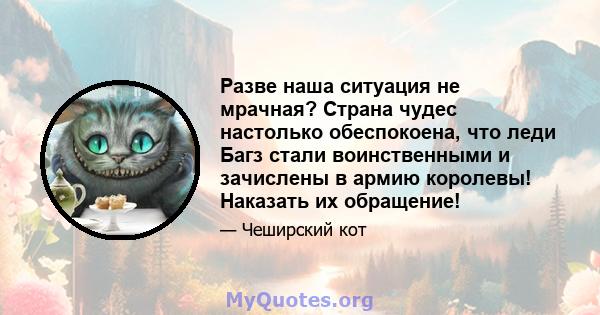 Разве наша ситуация не мрачная? Страна чудес настолько обеспокоена, что леди Багз стали воинственными и зачислены в армию королевы! Наказать их обращение!