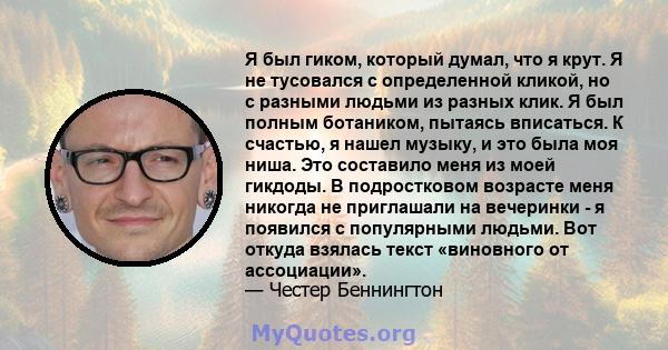 Я был гиком, который думал, что я крут. Я не тусовался с определенной кликой, но с разными людьми из разных клик. Я был полным ботаником, пытаясь вписаться. К счастью, я нашел музыку, и это была моя ниша. Это составило