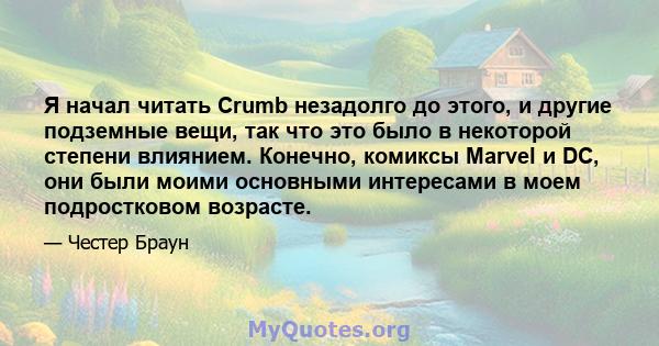 Я начал читать Crumb незадолго до этого, и другие подземные вещи, так что это было в некоторой степени влиянием. Конечно, комиксы Marvel и DC, они были моими основными интересами в моем подростковом возрасте.