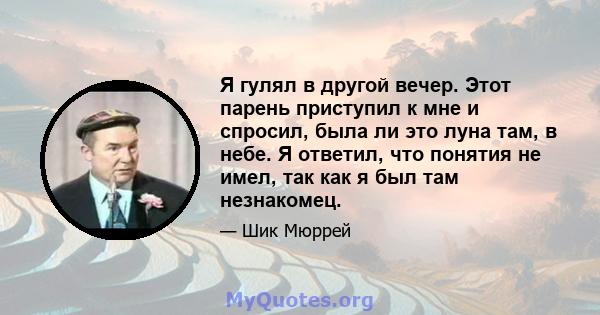 Я гулял в другой вечер. Этот парень приступил к мне и спросил, была ли это луна там, в небе. Я ответил, что понятия не имел, так как я был там незнакомец.