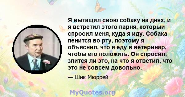 Я вытащил свою собаку на днях, и я встретил этого парня, который спросил меня, куда я иду. Собака пенится во рту, поэтому я объяснил, что я еду в ветеринар, чтобы его положить. Он спросил, злится ли это, на что я