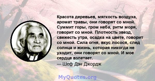 Красота деревьев, мягкость воздуха, аромат травы, они говорят со мной. Суммит горы, гром неба, ритм моря, говорит со мной. Плотность звезд, свежесть утра, осадка на цвете, говорит со мной. Сила огня, вкус лосося, след