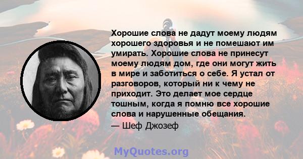 Хорошие слова не дадут моему людям хорошего здоровья и не помешают им умирать. Хорошие слова не принесут моему людям дом, где они могут жить в мире и заботиться о себе. Я устал от разговоров, который ни к чему не