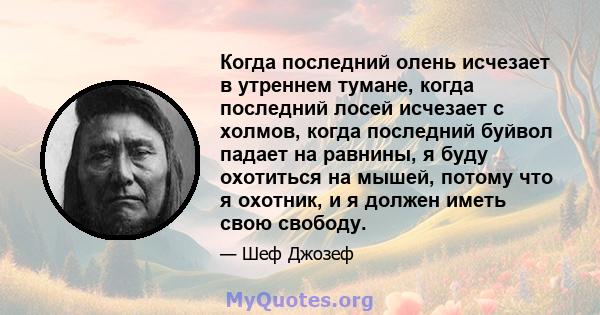 Когда последний олень исчезает в утреннем тумане, когда последний лосей исчезает с холмов, когда последний буйвол падает на равнины, я буду охотиться на мышей, потому что я охотник, и я должен иметь свою свободу.