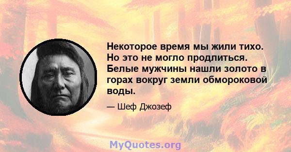 Некоторое время мы жили тихо. Но это не могло продлиться. Белые мужчины нашли золото в горах вокруг земли обмороковой воды.