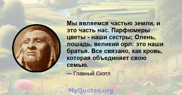 Мы являемся частью земли, и это часть нас. Парфюмеры цветы - наши сестры; Олень, лошадь, великий орл: это наши братья. Все связано, как кровь, которая объединяет свою семью.