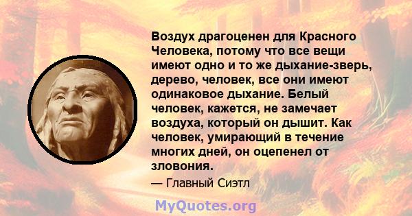 Воздух драгоценен для Красного Человека, потому что все вещи имеют одно и то же дыхание-зверь, дерево, человек, все они имеют одинаковое дыхание. Белый человек, кажется, не замечает воздуха, который он дышит. Как