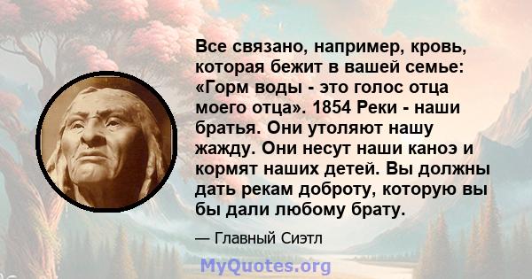 Все связано, например, кровь, которая бежит в вашей семье: «Горм воды - это голос отца моего отца». 1854 Реки - наши братья. Они утоляют нашу жажду. Они несут наши каноэ и кормят наших детей. Вы должны дать рекам