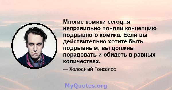 Многие комики сегодня неправильно поняли концепцию подрывного комика. Если вы действительно хотите быть подрывным, вы должны порадовать и обидеть в равных количествах.