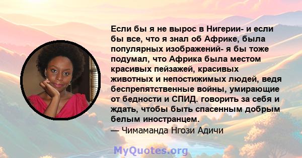 Если бы я не вырос в Нигерии- и если бы все, что я знал об Африке, была популярных изображений- я бы тоже подумал, что Африка была местом красивых пейзажей, красивых животных и непостижимых людей, ведя беспрепятственные 