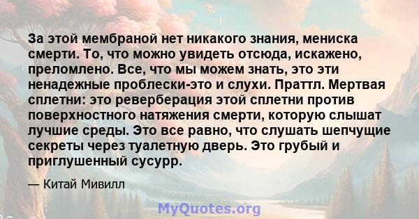 За этой мембраной нет никакого знания, мениска смерти. То, что можно увидеть отсюда, искажено, преломлено. Все, что мы можем знать, это эти ненадежные проблески-это и слухи. Праттл. Мертвая сплетни: это реверберация