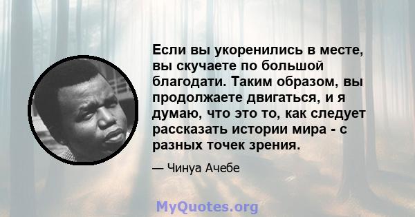 Если вы укоренились в месте, вы скучаете по большой благодати. Таким образом, вы продолжаете двигаться, и я думаю, что это то, как следует рассказать истории мира - с разных точек зрения.