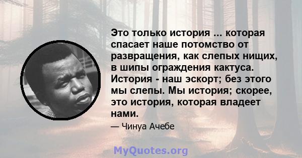 Это только история ... которая спасает наше потомство от развращения, как слепых нищих, в шипы ограждения кактуса. История - наш эскорт; без этого мы слепы. Мы история; скорее, это история, которая владеет нами.