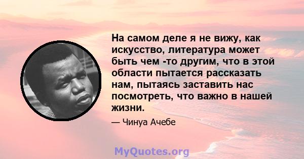 На самом деле я не вижу, как искусство, литература может быть чем -то другим, что в этой области пытается рассказать нам, пытаясь заставить нас посмотреть, что важно в нашей жизни.