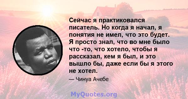 Сейчас я практиковался писатель. Но когда я начал, я понятия не имел, что это будет. Я просто знал, что во мне было что -то, что хотело, чтобы я рассказал, кем я был, и это вышло бы, даже если бы я этого не хотел.