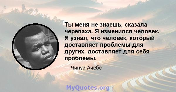 Ты меня не знаешь, сказала черепаха. Я изменился человек. Я узнал, что человек, который доставляет проблемы для других, доставляет для себя проблемы.