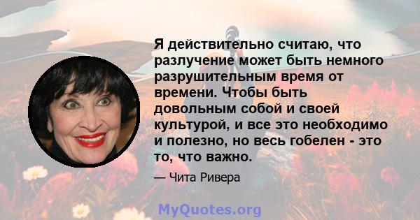 Я действительно считаю, что разлучение может быть немного разрушительным время от времени. Чтобы быть довольным собой и своей культурой, и все это необходимо и полезно, но весь гобелен - это то, что важно.