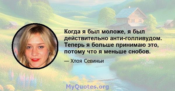 Когда я был моложе, я был действительно анти-голливудом. Теперь я больше принимаю это, потому что я меньше снобов.